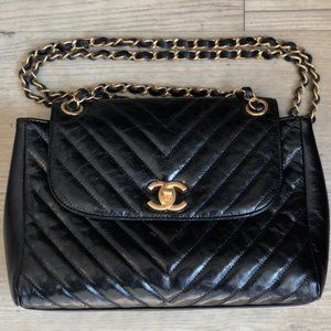 Chanel Aged Lambskin Goldtone Metal Black Flap Bag